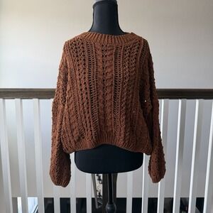 Earthbound Trading Company Brown Knit Cropped Sweater Size XL Boho Crochet Cozy
